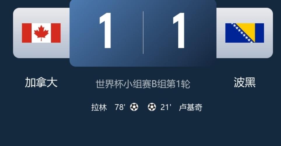 世界杯B组第一轮，加拿大坐镇主场1：1战平波黑，这是加拿大参加过三届世界杯以来，