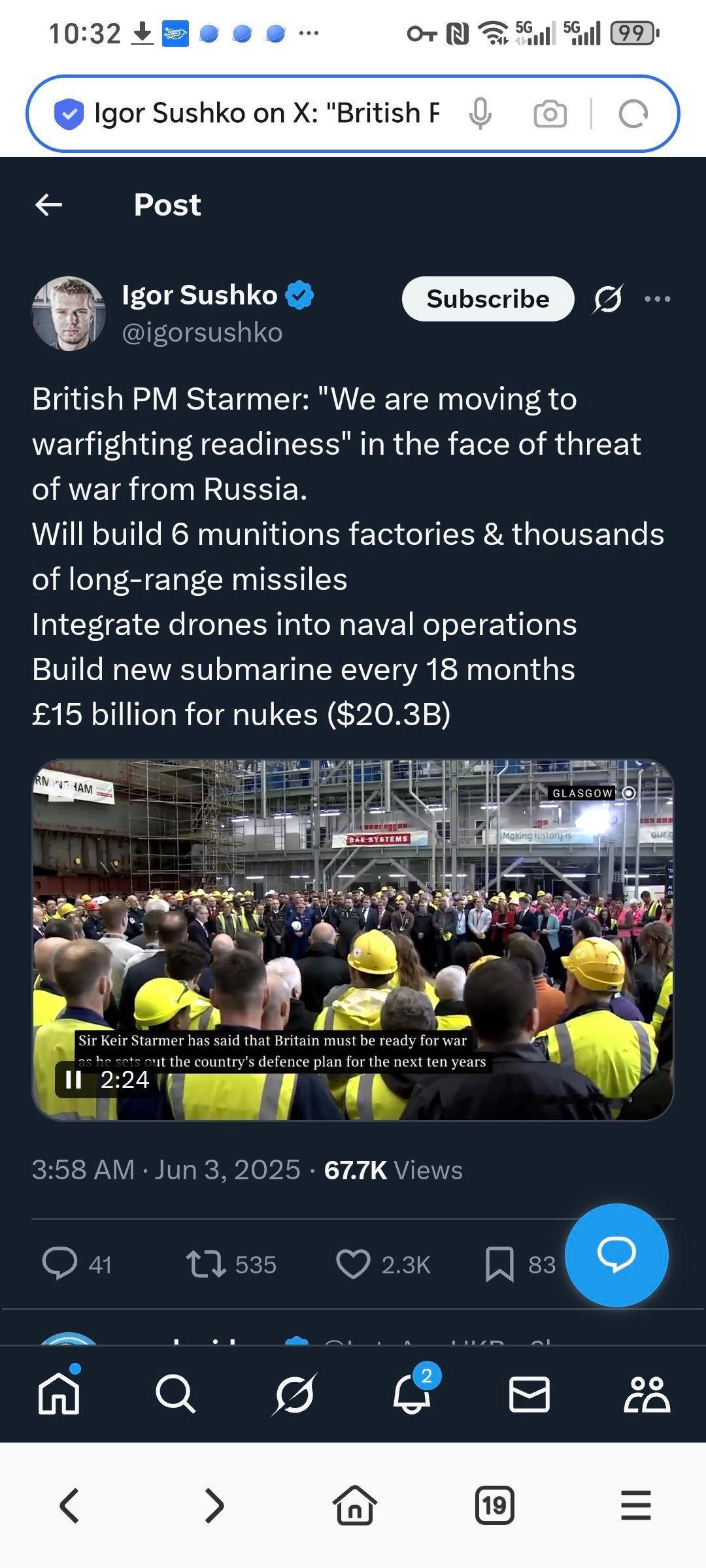 昨天，英国首相斯塔默在考察BAE造船厂时表示： “面对俄罗斯的战争威胁，我们正在