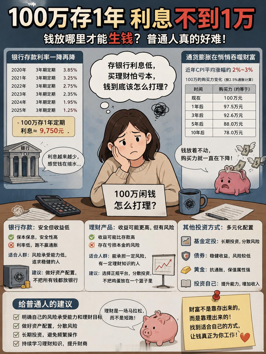 100万存1年利息不到1万幸亏我没有钱存，不然还得纠结把钱放在哪里才能💰生钱，
