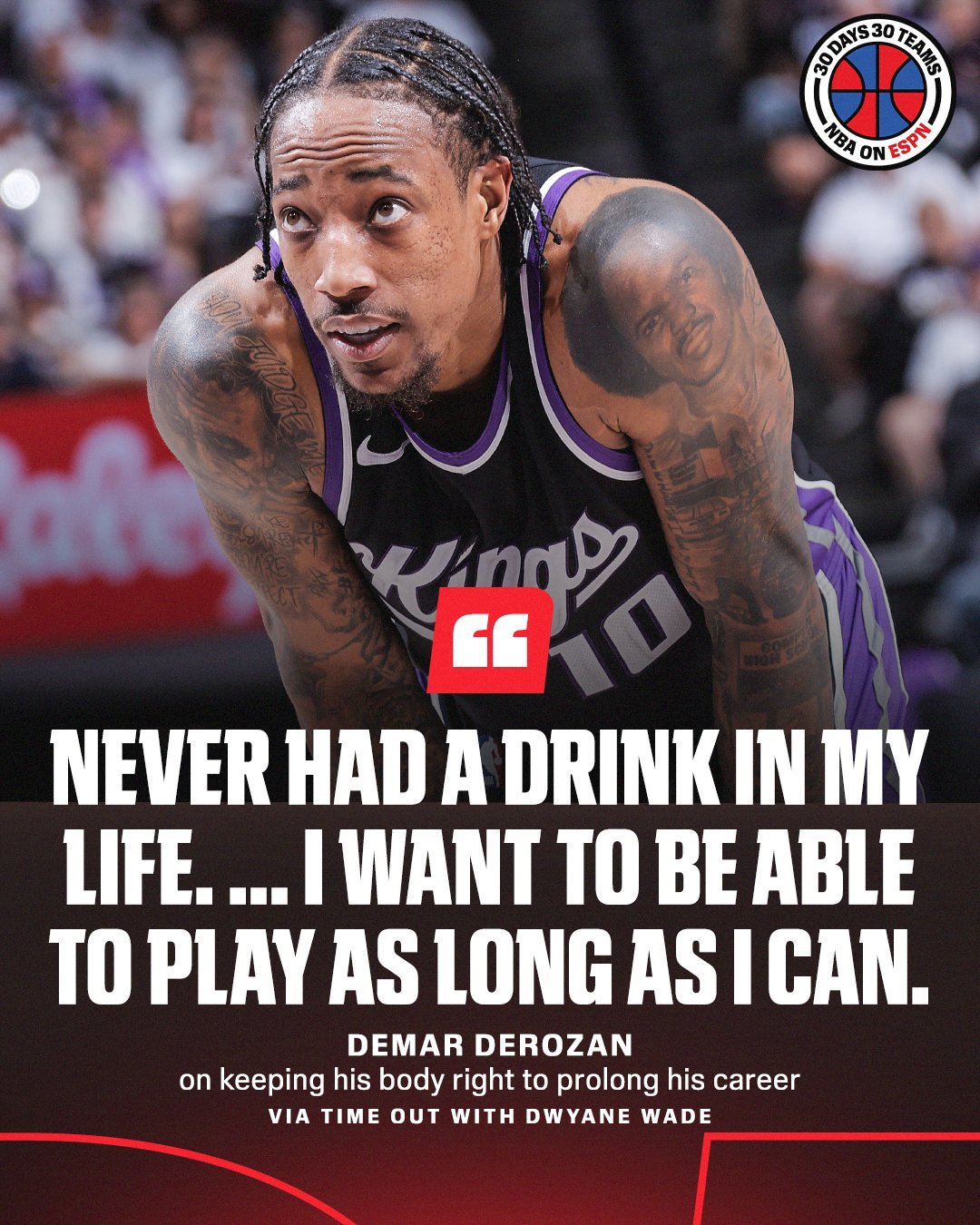 德罗赞在接受采访时表示，为了在职业生涯中保持健康，他从不喝酒。nba ​​​