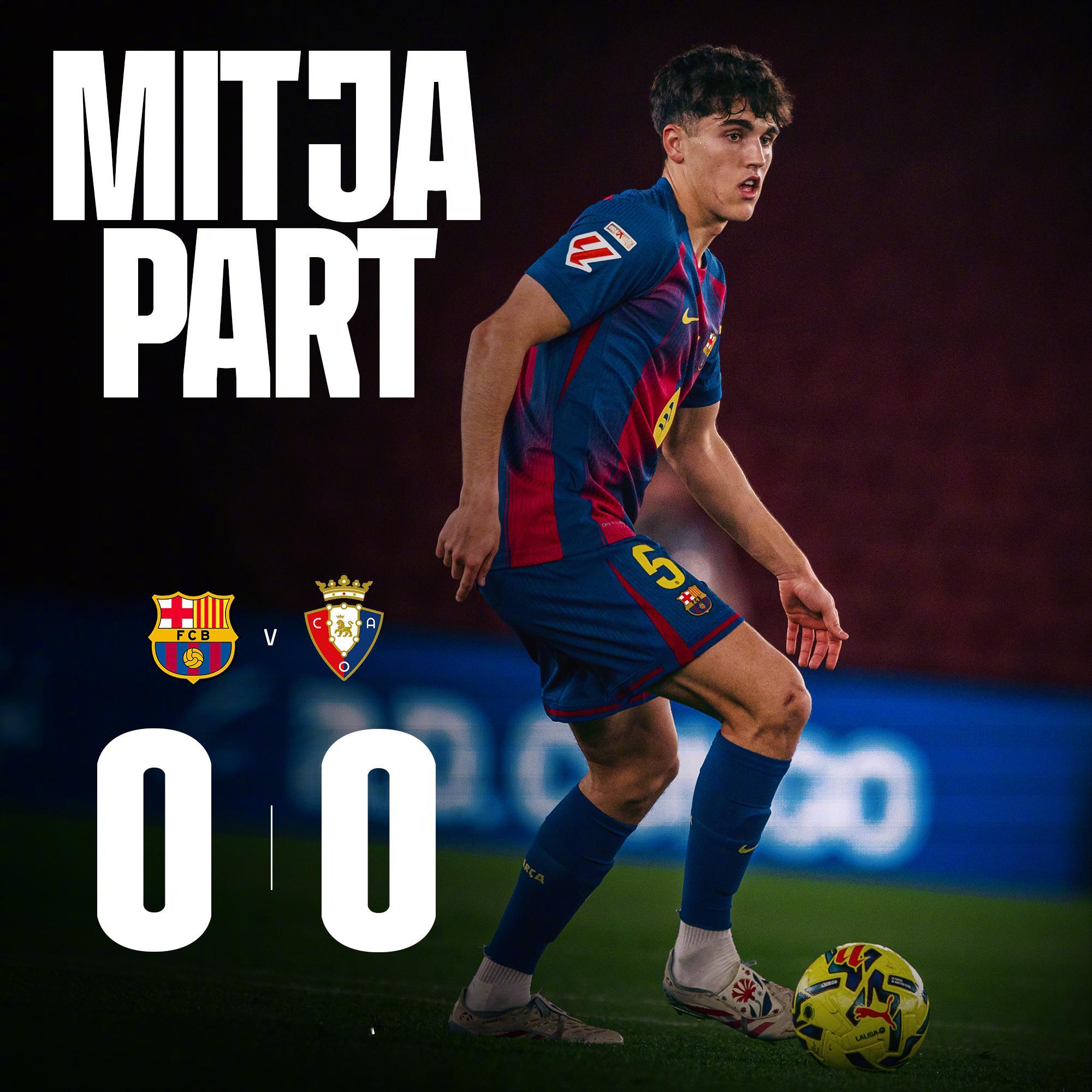 巴萨vs奥萨苏纳上半场比赛结束，双方均未能破门，比分暂时为 0:0。上半场巴萨牢