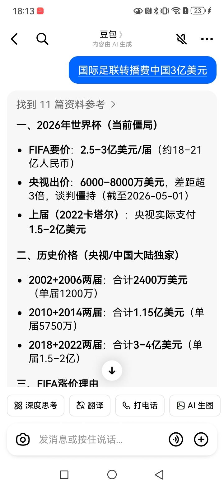 我觉得国际足联收中国3亿美元的转播费，非常贵，而且是贵的离谱。像中国这样连世界杯