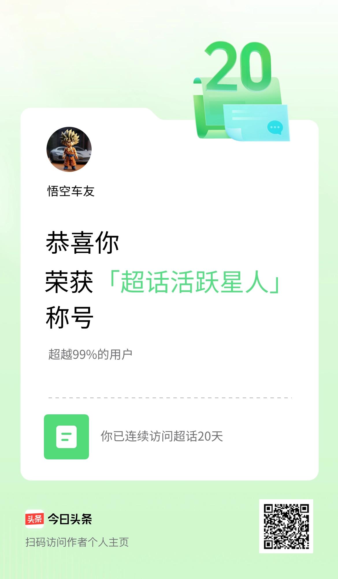 我在头条连续访问超话20天，获得“超话活跃星人“称号，你也快来超话看看吧～