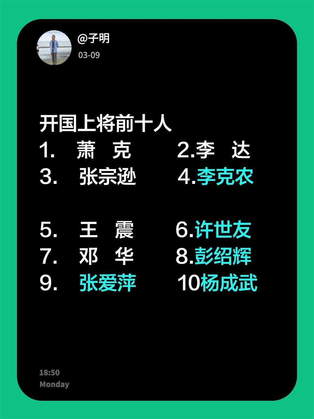 开国上将前十人 1.萧    克 2.李    达 3.张宗逊4.李克...