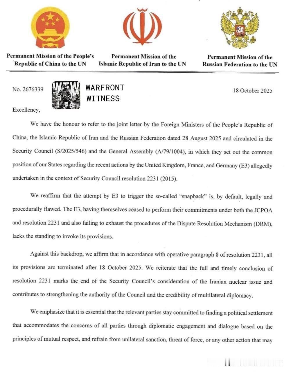 中国，俄罗斯，伊朗就联合国所谓“制裁伊朗案”发表三国联合声明。

联合声明中驳斥