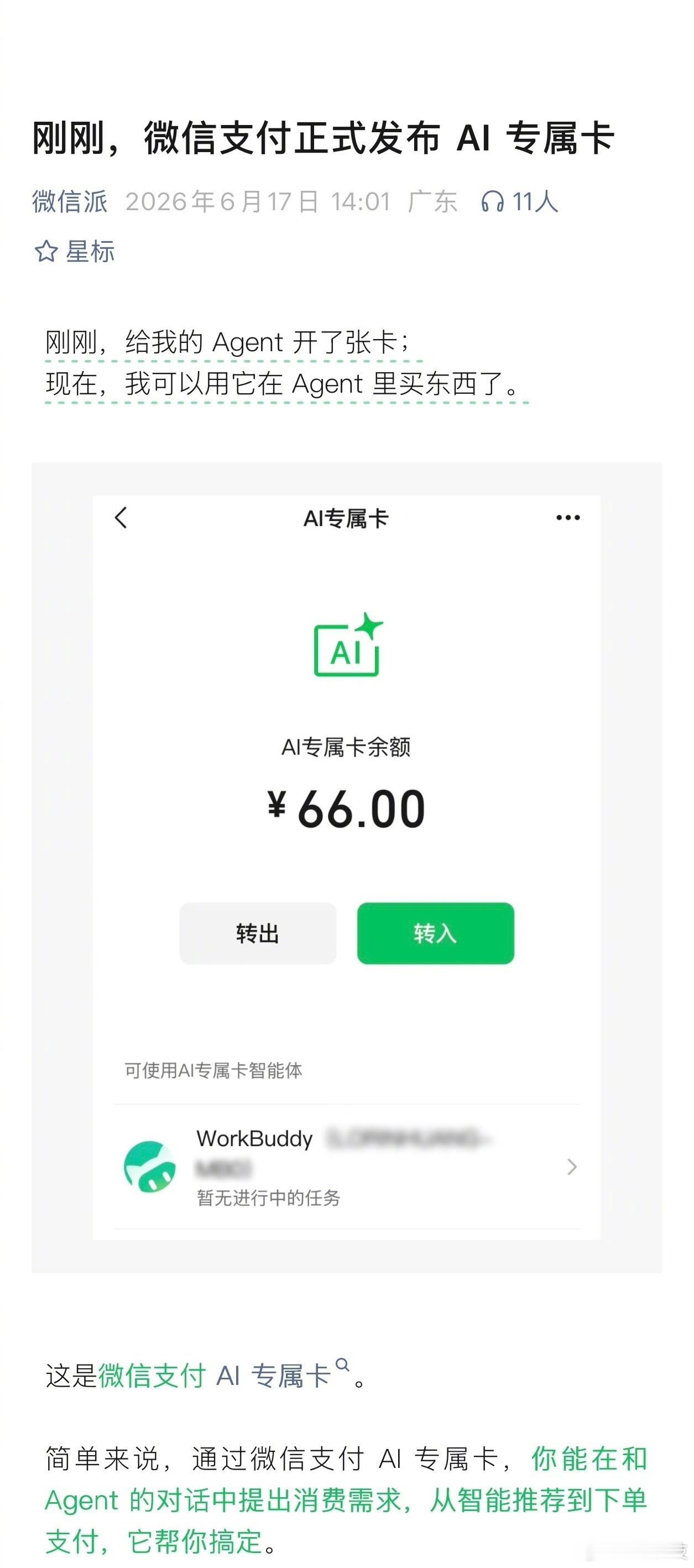 既然你阿里推Agent支付闭环了，我腾讯怎么落后AI专属卡单独隔离金额出来，就可