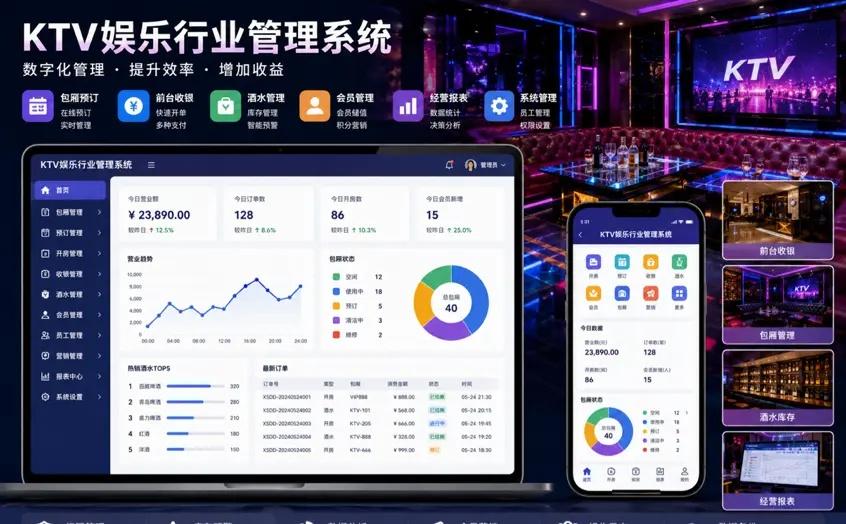 KTV娱乐行业管理系统。系统集包厢预订、开房计时、前台收银、酒水库存、会员储值、