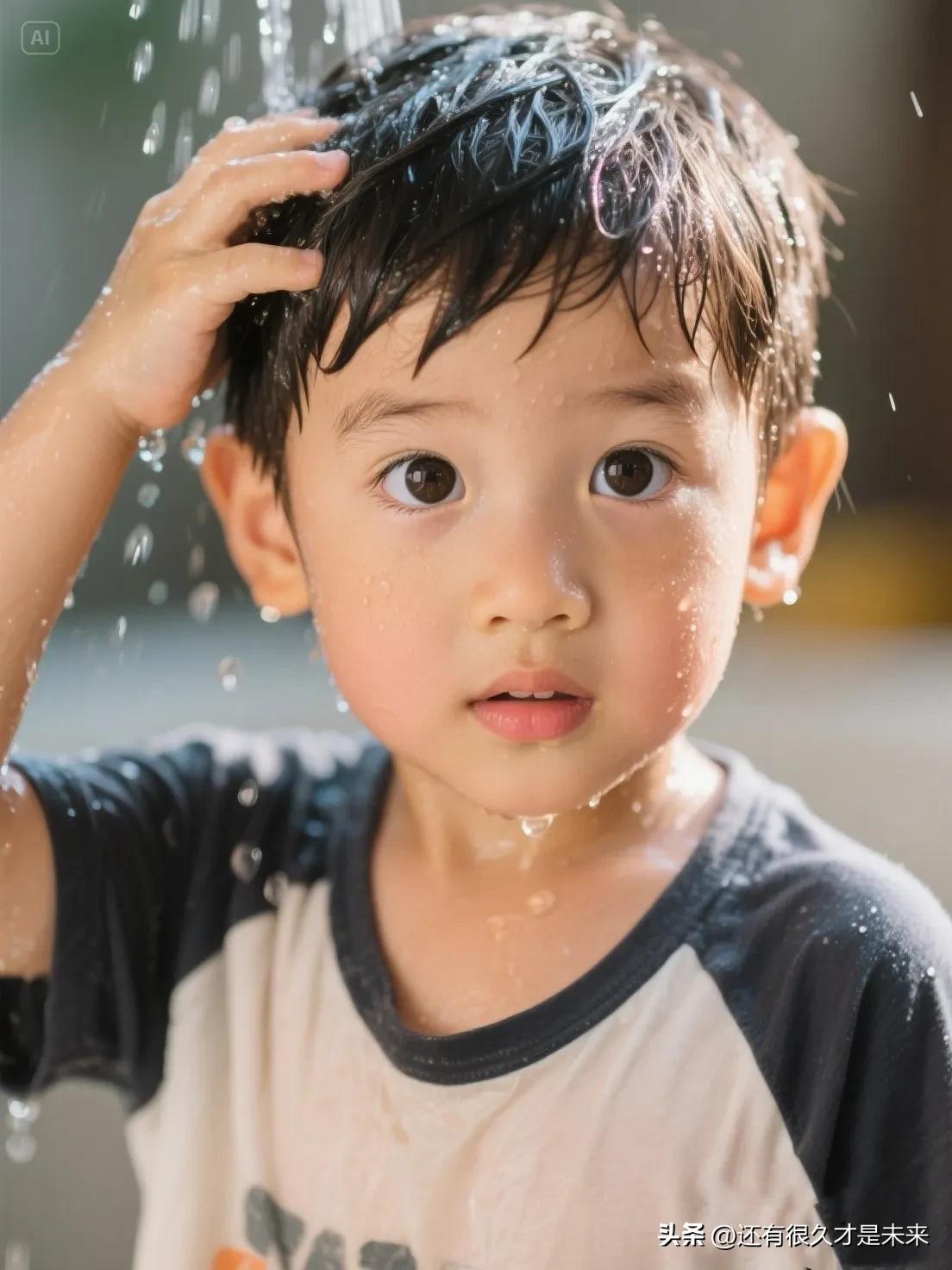 孩子的世界超乎你的想象。
昨天儿子说玩累了，头上出汗，打算洗澡的时候只洗洗头。