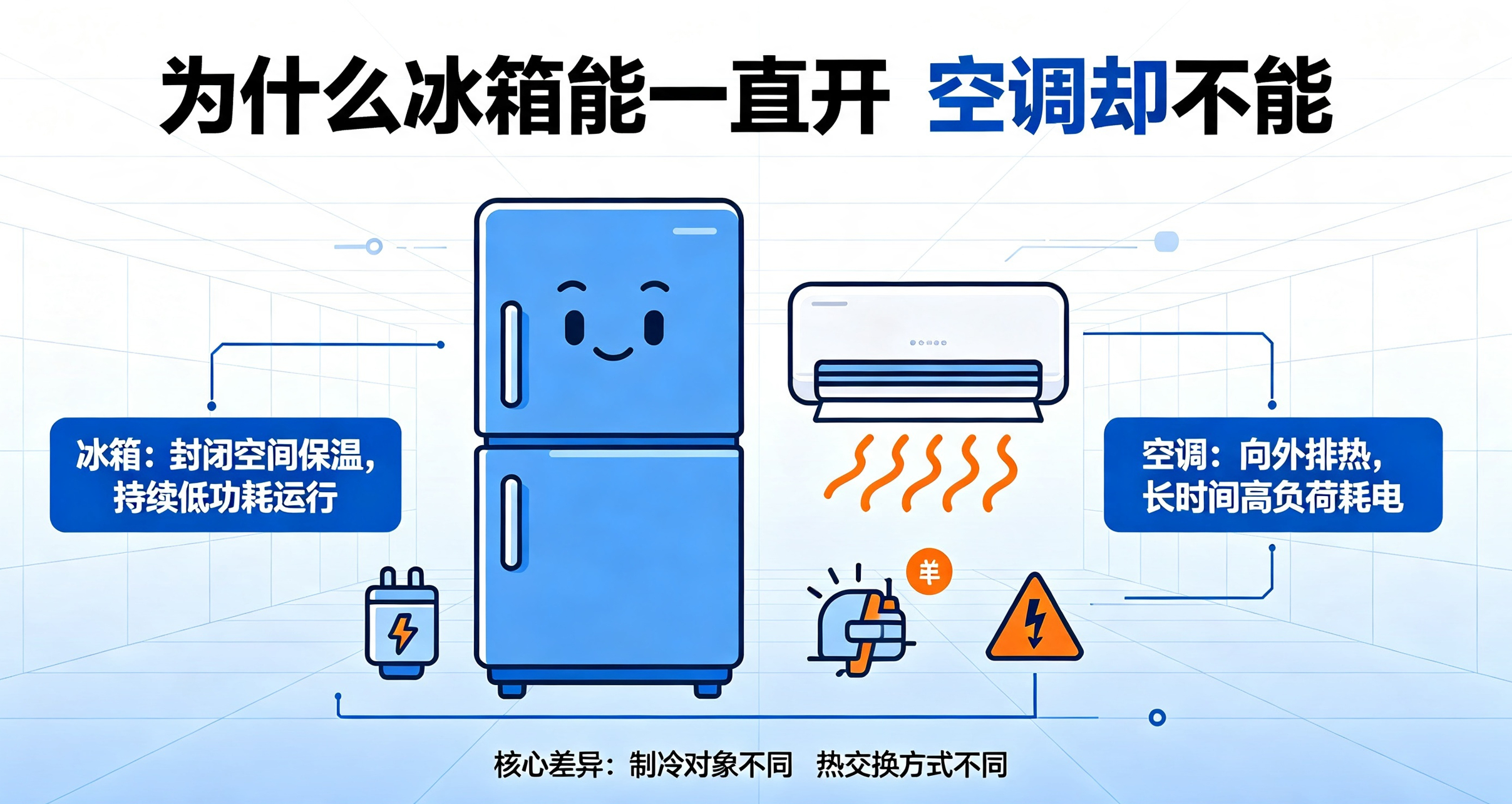 为什么冰箱能一直开但空调不能  我第一反应是——谁说的不能？只要你舍得电费，空调