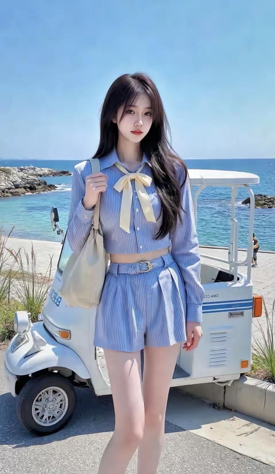 海边和条纹套装简直是绝配！竖条纹衬衫显瘦遮肉，同色短裤适配度超高，腰部松紧设计穿