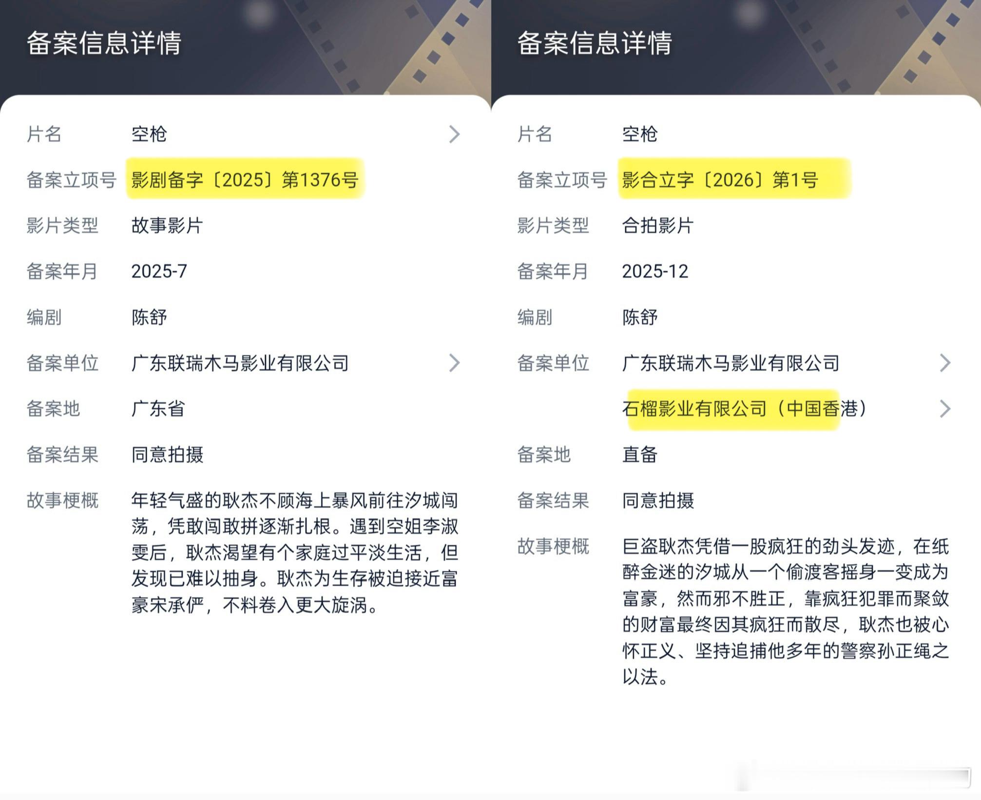 《空枪》备案更新多了一个香港的备案公司，现在变成合拍片了，可以去报金像奖了跨年电