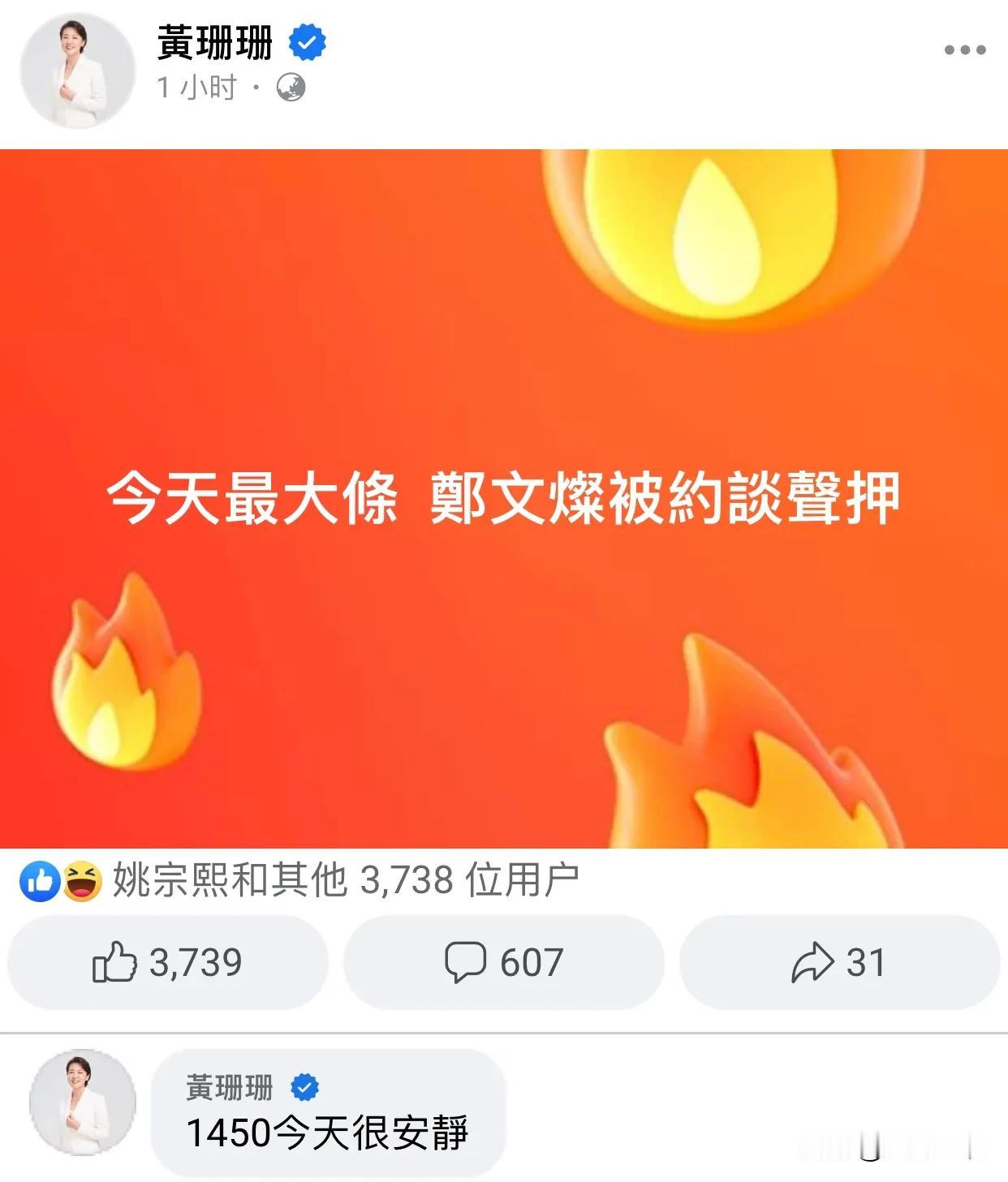 “1450今天很安静”！郑文灿遭声押   黄珊珊发文狠酸
