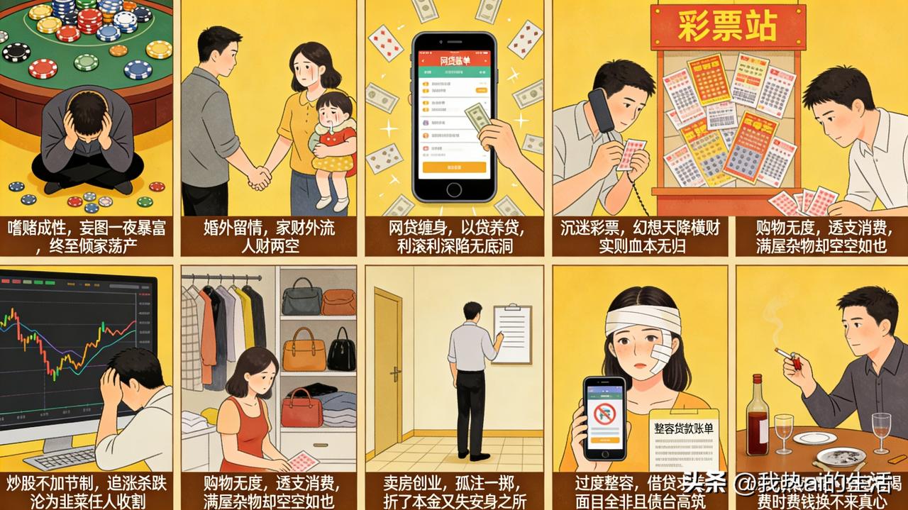 九大败家举动
1. 嗜赌成性，妄图一夜暴富，终至倾家荡产。
2. 婚外留情，家财