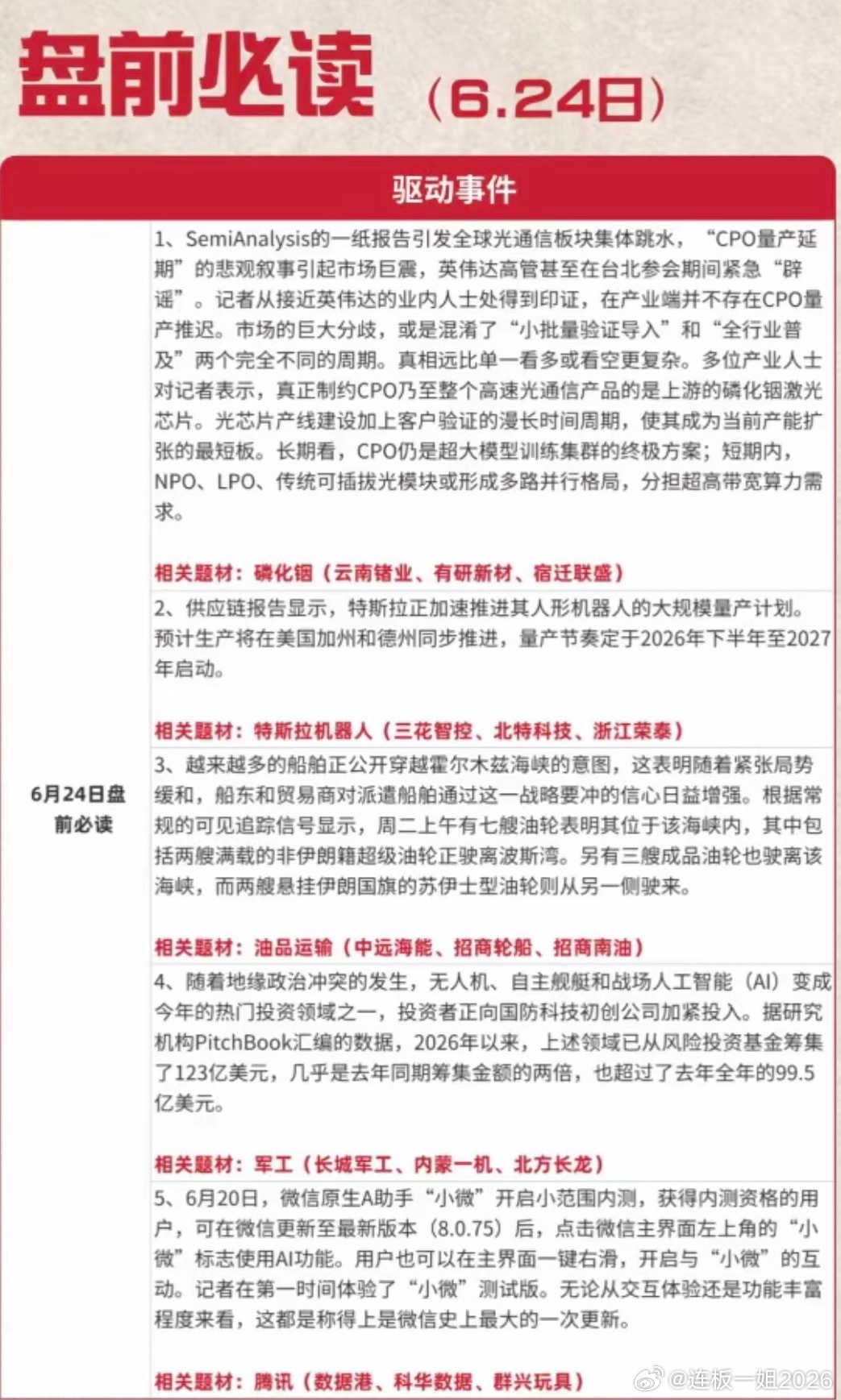 6.24周三  盘前财经热点必读！1.磷化铟2.特斯拉机器人3.油品运输4.军工