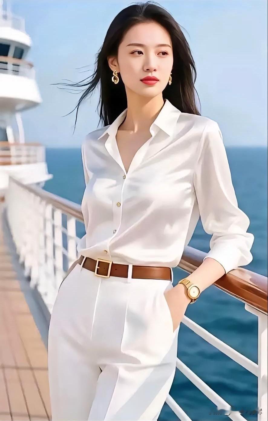 海风为弦，她立在邮轮的甲板。

白衬衫熨帖着晴空，裤线裁出云的轮廓。

棕带束住