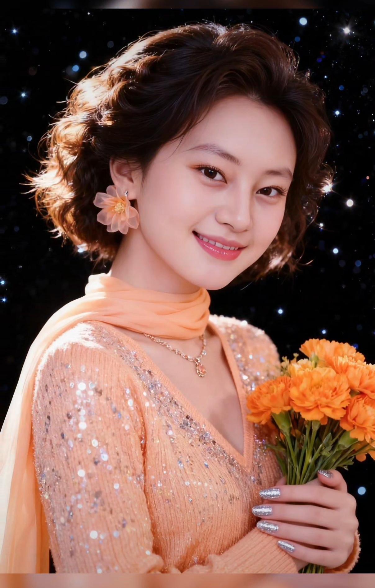 甜美笑容，花海相伴，闪耀的橙色连衣裙，梦幻的星空背景，完美搭配！🌟💐👗