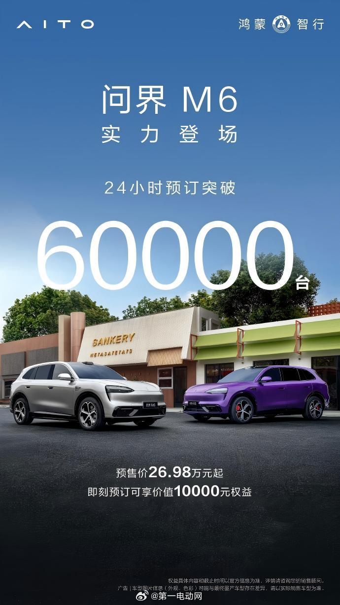 问界M6 24小时预定突破60000台这个数据应该挺强的吧 