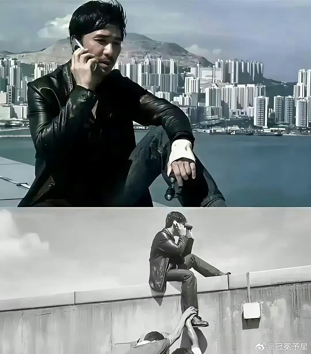 原来2002年《无间道》的梁朝伟的楼顶天台戏是这样拍摄的。 