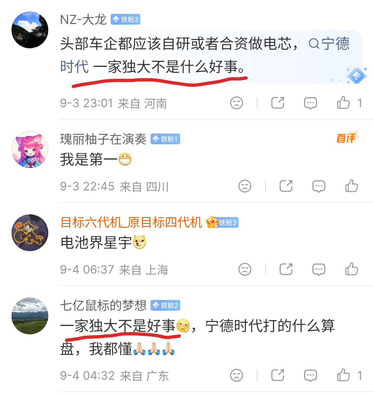 宁德时代一家独大，是靠实力打出来的，价格最贵，卖的最好。它要真想一家独大，在坐的