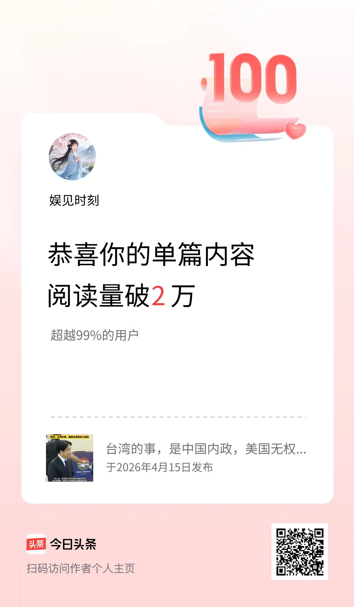 单篇内容获得阅读量破2万啦！