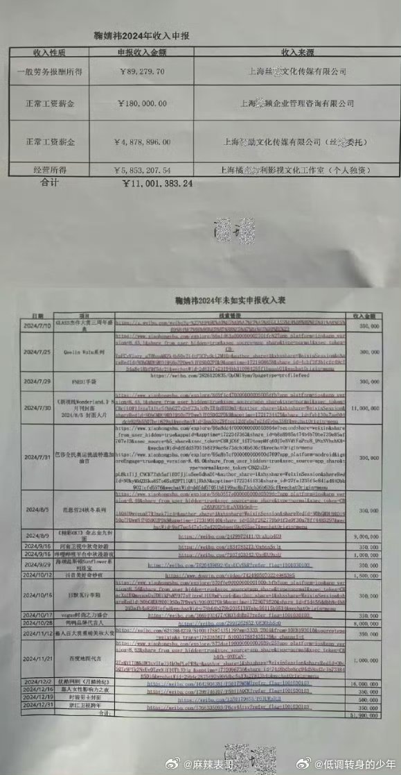 鞠婧祎被实名举报偷税漏税丝芭举报了鞠婧祎税务问题，说她申报了1100多万，但实际