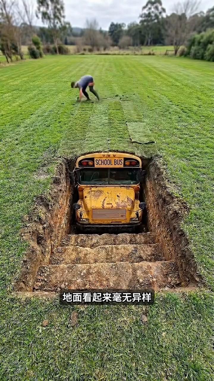 埋校车造新居。
谁能想到男子买不起商品房，索性在家门口草坪里亲手打造一座专属地下
