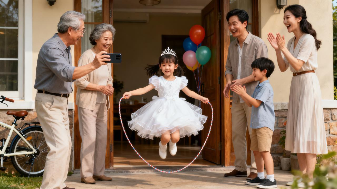 女孩跳绳全家围观。

快跳呀，加油！

前面传来一阵嘈杂声，我一看有一户人家的门