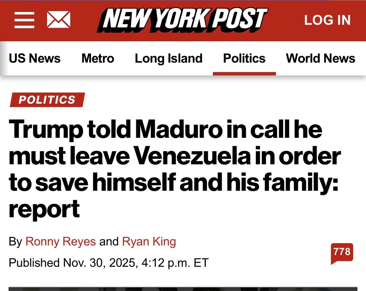 据《纽约邮报》报道，特朗普给了尼古拉斯·马杜罗最后一次机会，让他带着家人安全离开