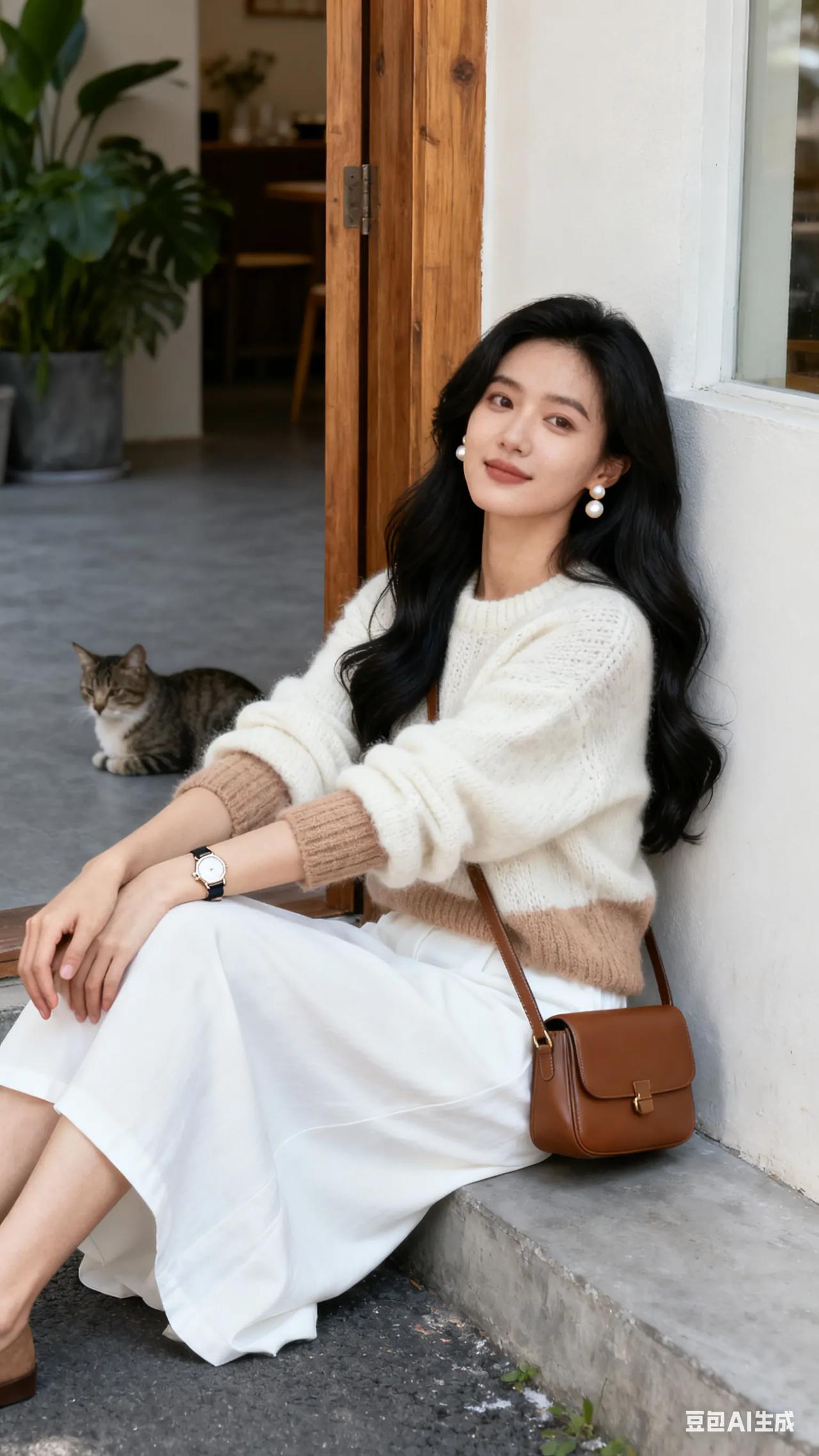 温暖毛衣+飘逸长裙，猫儿相伴，静享午后时光。🌞🐱👗