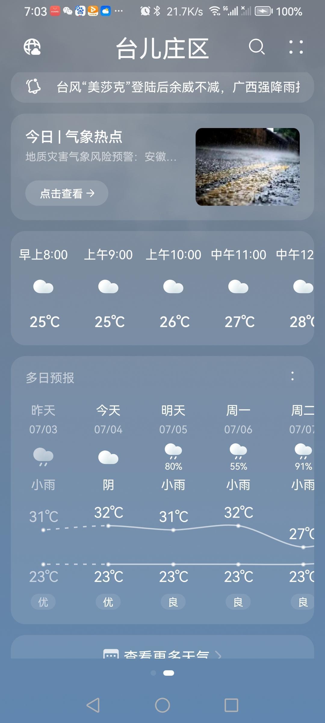 “7.4”星期六，天气预报“阴”。气温23—32。