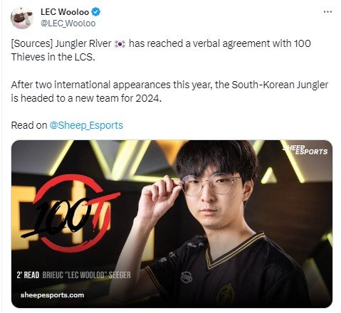 外媒透露打野选手River将加入100T目前打野选手River已与 LCS的10