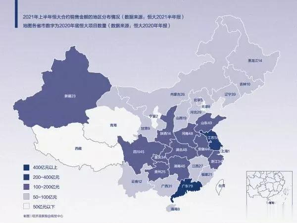 这是一张恒大地产在前年各区域的销售金额分布图。

从销售金额分布图来看，沿海地区