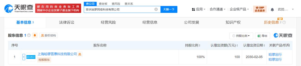 哈啰出行在安庆成立网络科技公司
天眼查App显示，近日，安庆哈罗网络科技有限公司