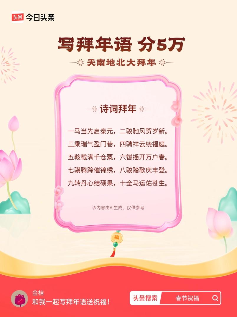 写拜年语送祝福新春拜年送祝福！我的祝福是：“一马当先启泰元，二骏驰风贺岁新。三乘