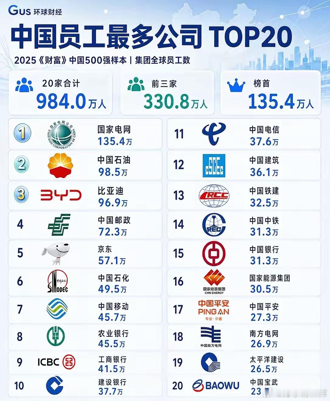中国员工最多的20家企业榜单，细细品来别有深意一份2025财富中国500强员工数
