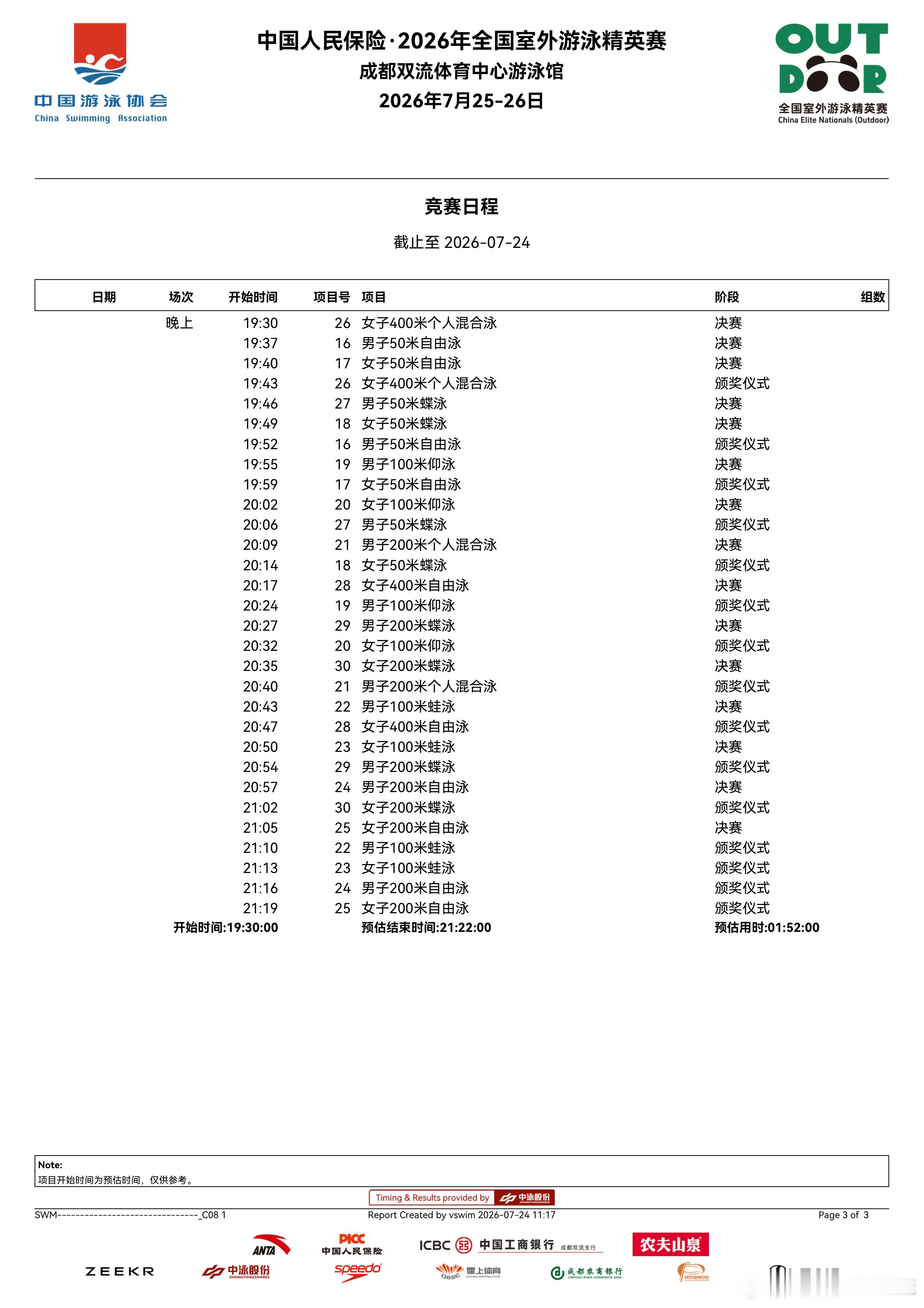 2026年全国室外游泳精英赛 竞赛日程如下⬇️ 