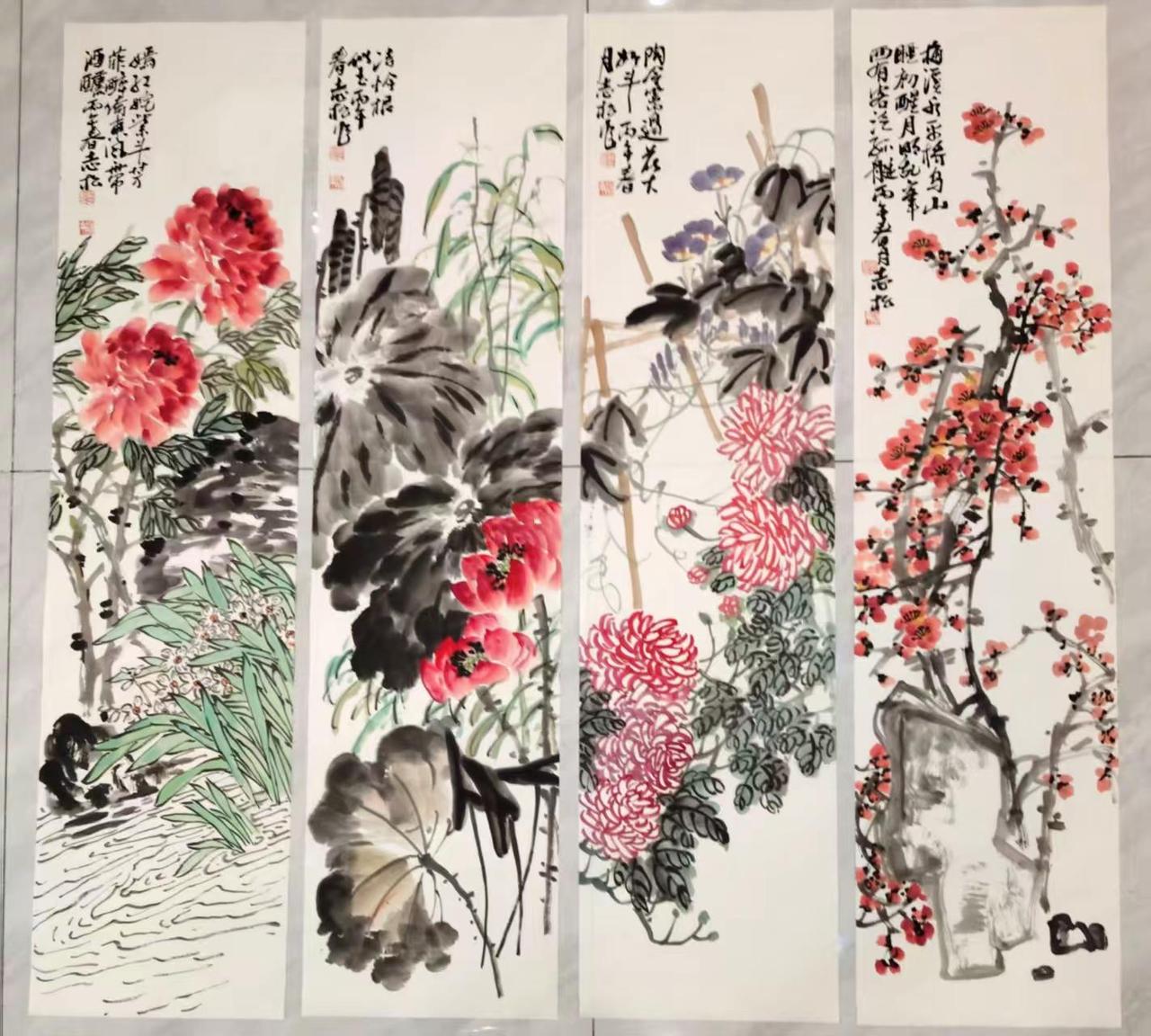 花鸟四条屏。四尺四条屏随手画 国画挑战 书画欣赏 书画艺术