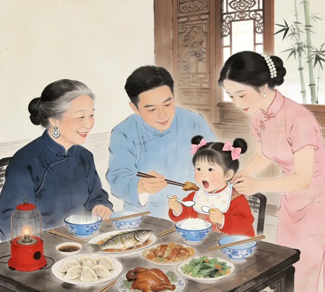 奶奶正蹲在地上摸暖气片，雪宝顶着一脸“2026”冲进来，奶声奶气喊奶奶看。
她愣