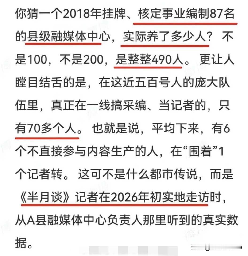 这是真的吗？
有报道说一个小县城融媒体中心有490人，可真正在一线做新闻的只有7