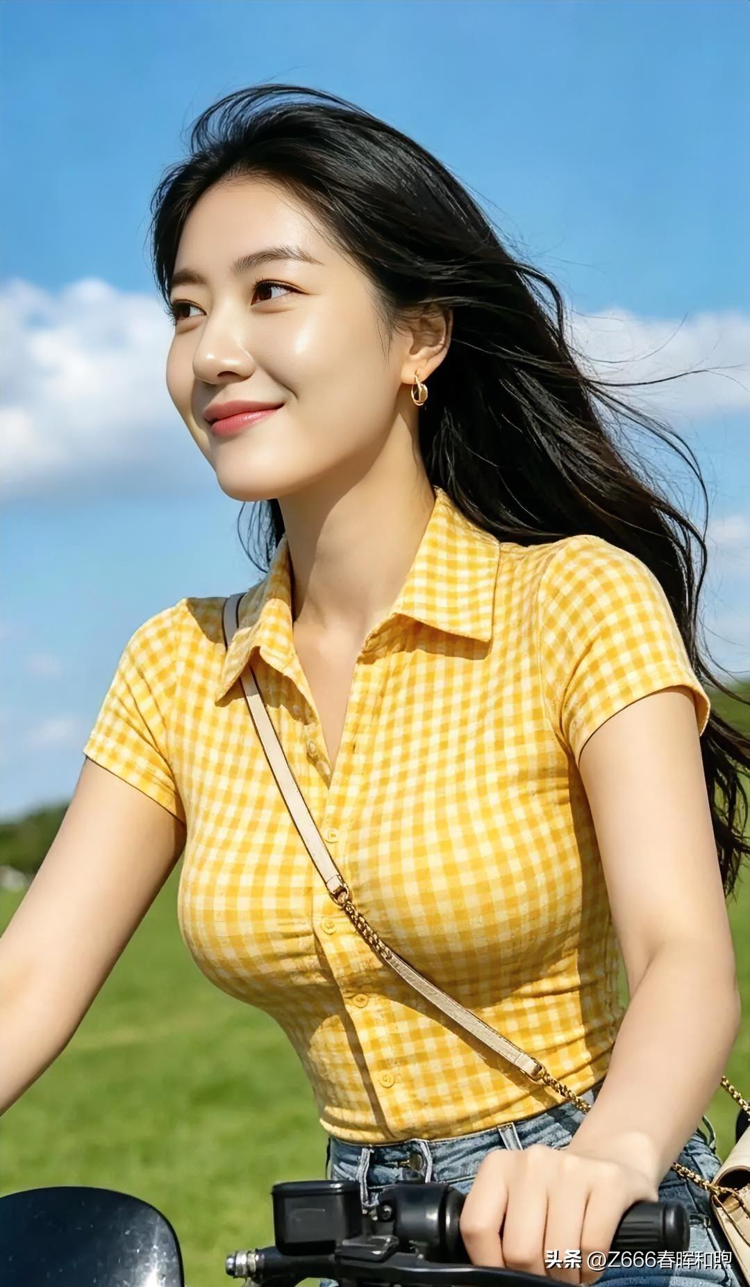 黄格衫映晴空，长发随风轻扬，笑意点亮绿野，温柔满溢夏日时光。