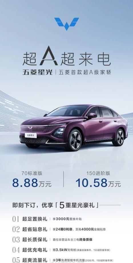 五菱星光指导价8.88-10.58万，价格很有诚意，比降价之后的比亚迪秦PLUS