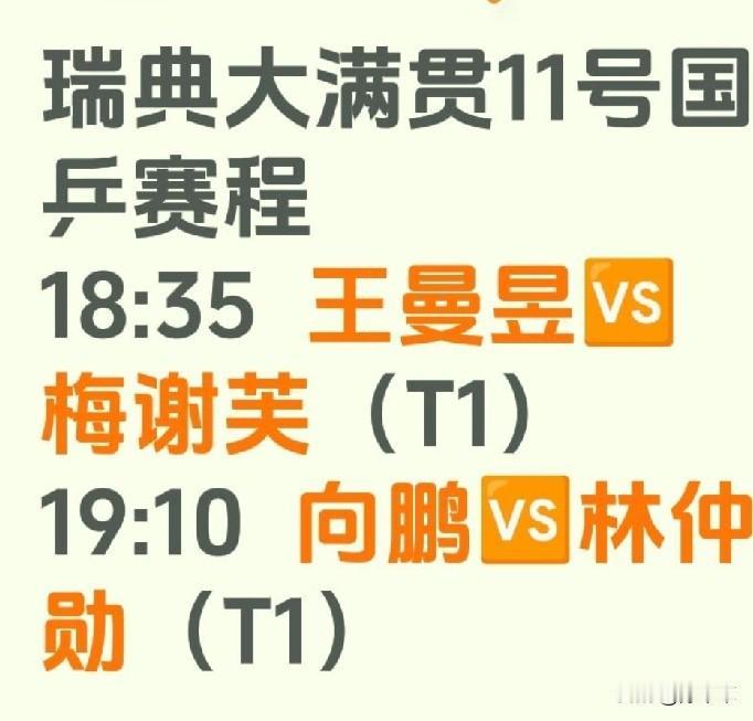 瑞典大满贯赛今天国乒只有两场比赛。
18:35王曼昱对阵梅谢芙。梅谢芙，埃及老将