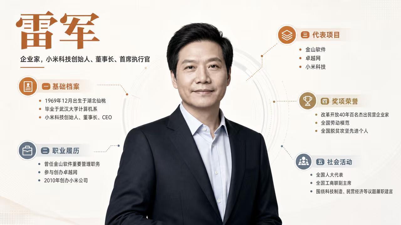 雷军是中国互联网与制造业转型时代极具代表性的企业家，兼具程序员底色、投资人视野与