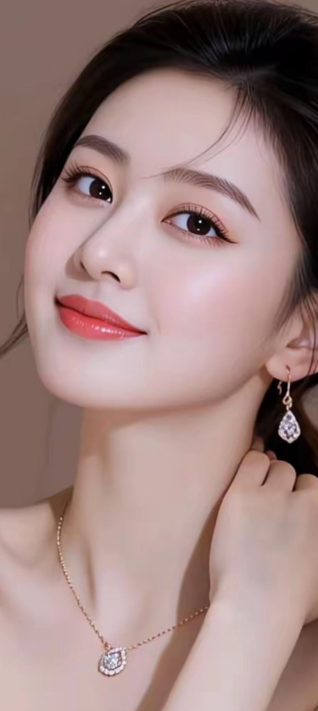 温柔甜美的少女，精致妆容与闪亮耳饰相得益彰，散发迷人魅力。