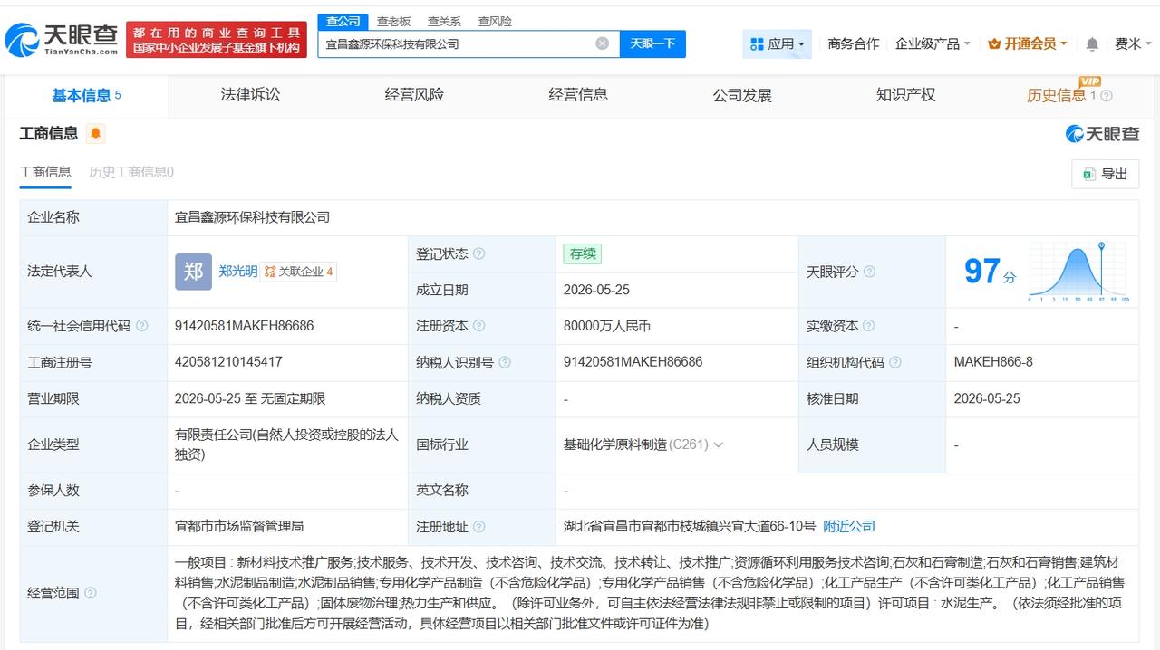 兴发集团在宜昌成立新环保科技公司 注册资本8亿
天眼查App显示，近日，宜昌鑫源