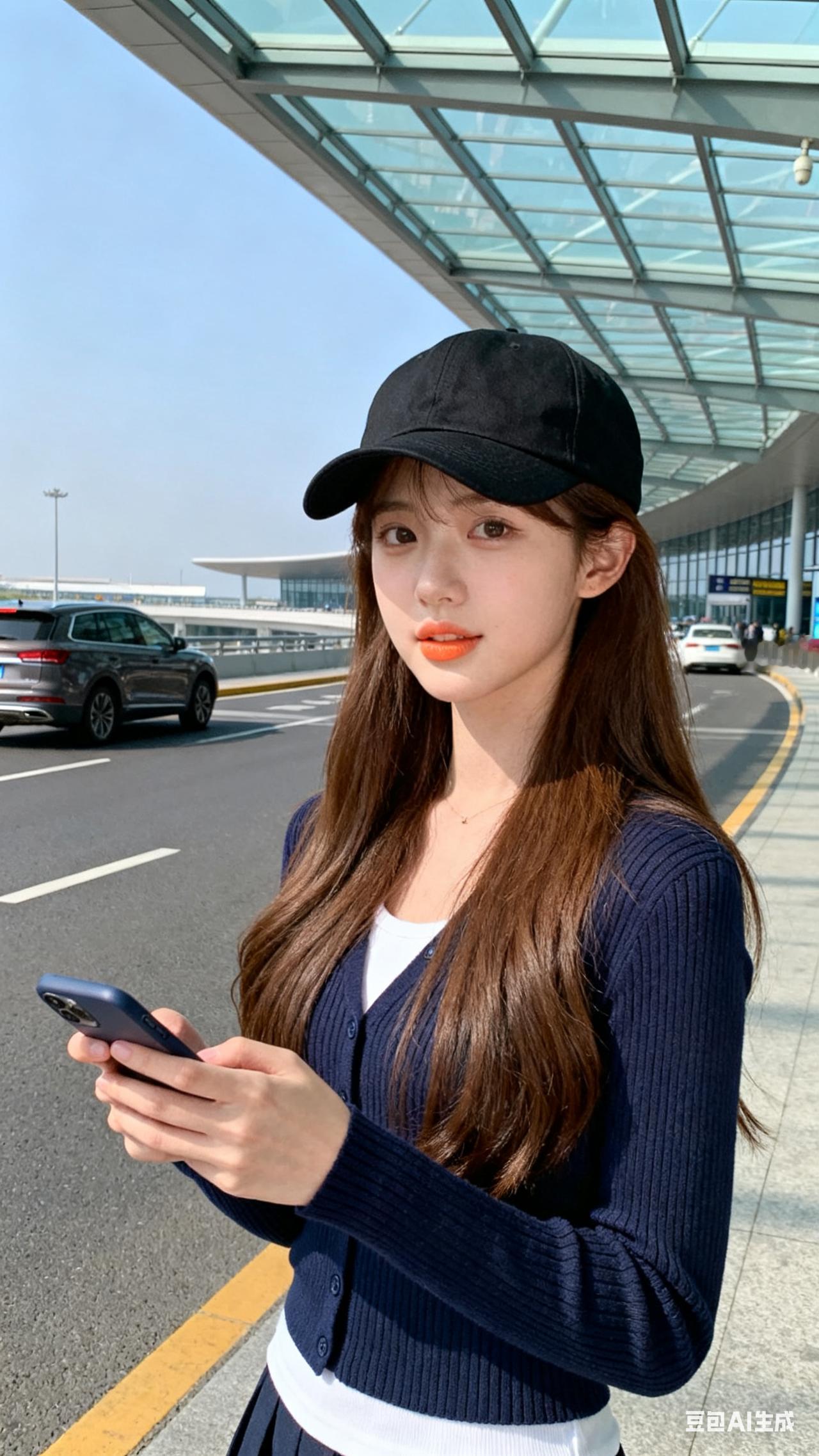 棕发甜妹戴黑棒球帽，藏青修身针织开衫内搭白T，手持手机，明亮清新，手机拍摄。