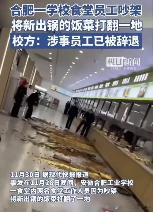 合肥工业学校食堂，两个阿姨吵架，饭菜扔了一地，过错在承包商身上。

11月28日