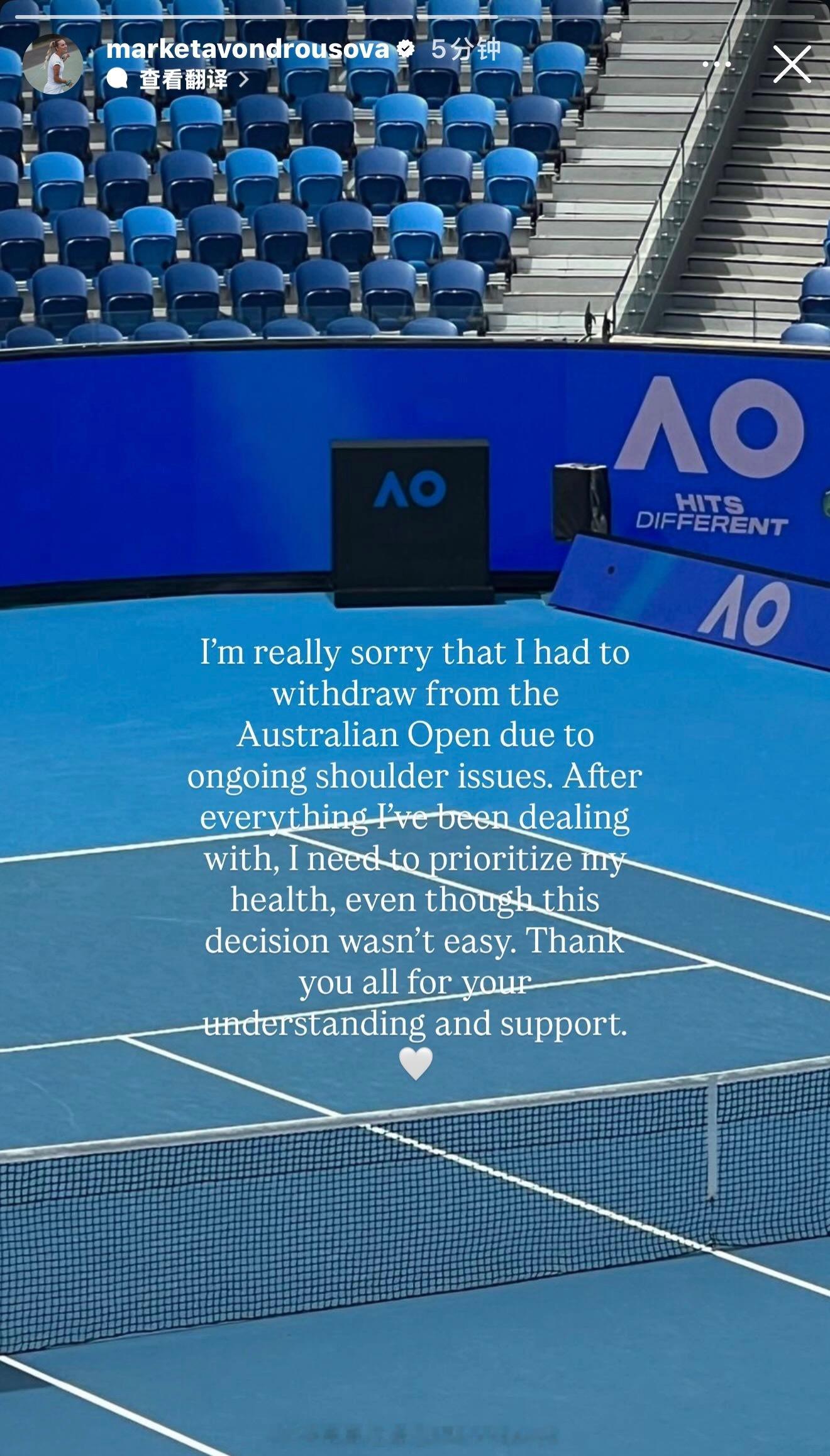 万卓索娃因肩伤退出澳网2026 ，汤森德替补入围。 