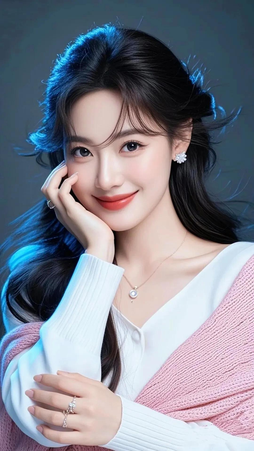 温柔甜美的少女，粉色毛衣搭配白色衬衫，笑容甜美，让人心动不已！💖💕💖