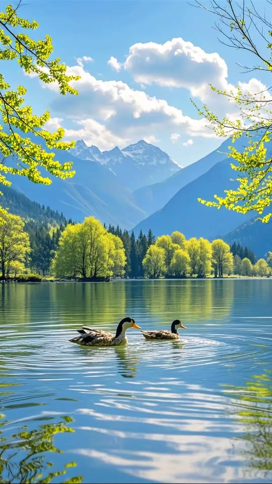 春日湖畔，绿树成荫，
野鸭悠游，雪山如画。